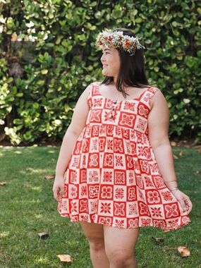 Red & Cream Printed Mini Dress with Square Neck
